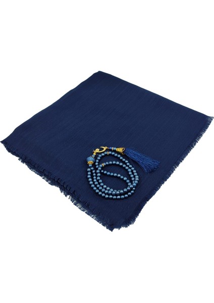 Mevlit Hediyesi Flamlı Yazma Set Hediyelik Eşarp 100X100CM Dağıtmalık-Inci 99 Tesbih Hediyeli-Lacivert