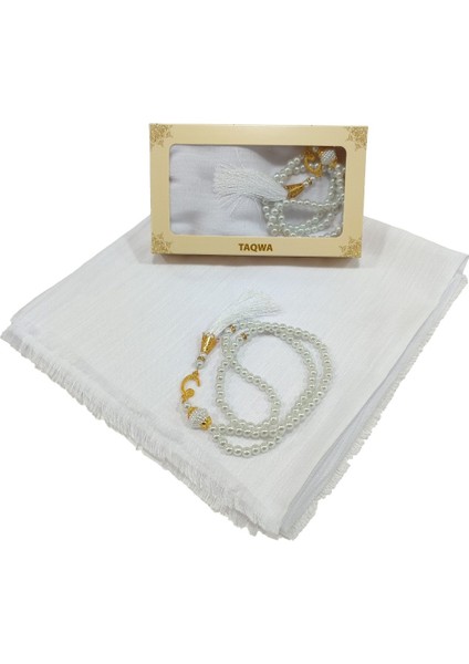 Mevlit Hediyesi Flamlı Yazma Set Hediyelik Eşarp 100X100CM Dağıtmalık-Inci 99 Tesbih Hediyeli-Beyaz