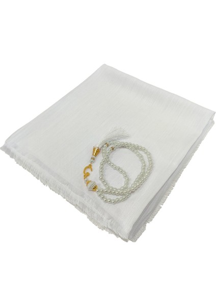 Mevlit Hediyesi Flamlı Yazma Set Hediyelik Eşarp 100X100CM Dağıtmalık-Inci 99 Tesbih Hediyeli-Beyaz