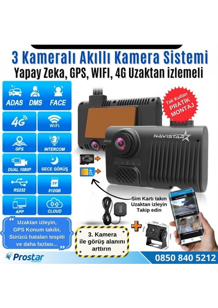 3 Kameralı 4g Uzaktan Izlemeli Gps Wifi Yapay Zekalı Akıllı