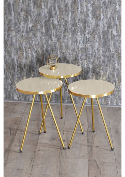 Zigon Sehpa 3'lü Gold Metal Ayak Krem Gold