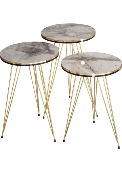 Zigon Sehpa 3'lü Gold Metal Ayak Krem Gold