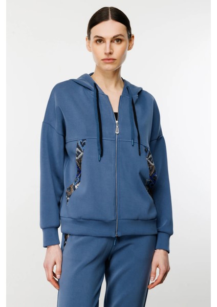 Kadın Fermuarlı Kapüşonlu Taşlı Sweat-Indigo