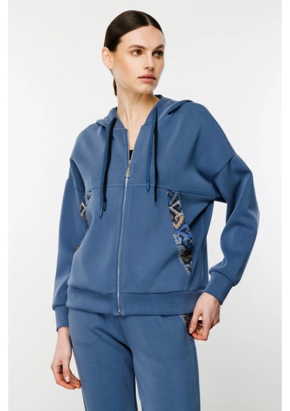 Kadın Fermuarlı Kapüşonlu Taşlı Sweat-Indigo