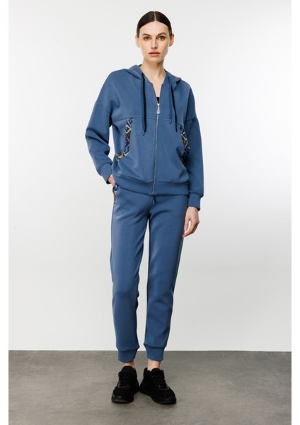 Kadın Fermuarlı Kapüşonlu Taşlı Sweat-Indigo