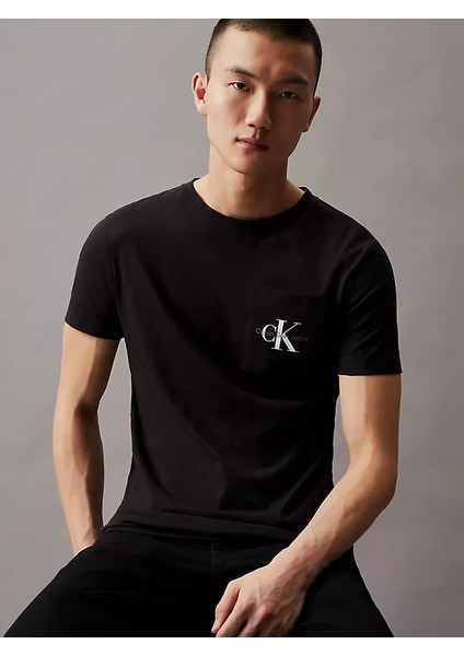 Erkek Slim Monogram Pocket T-Shirt - Siyah