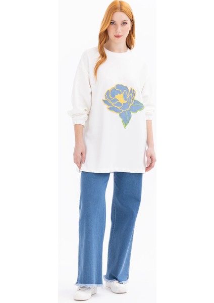 Kadın Çiçek Işlemeli Örme Sweatshirt - Ekru