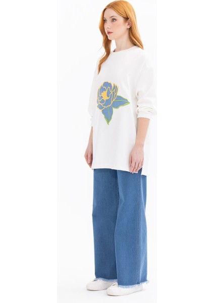 Kadın Çiçek Işlemeli Örme Sweatshirt - Ekru