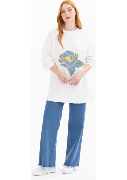 Kadın Çiçek Işlemeli Örme Sweatshirt - Ekru