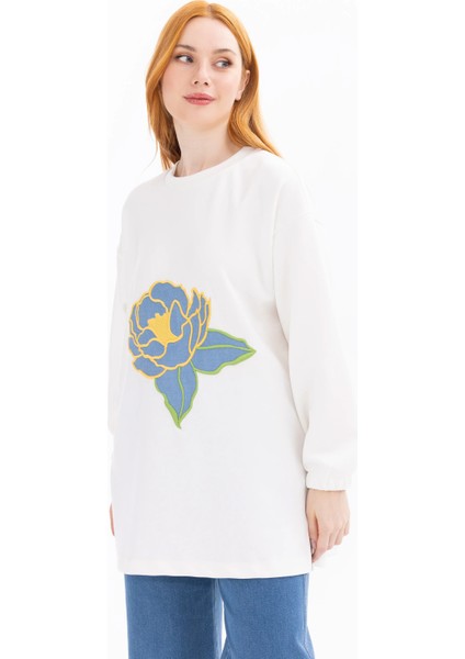 Kadın Çiçek Işlemeli Örme Sweatshirt - Ekru