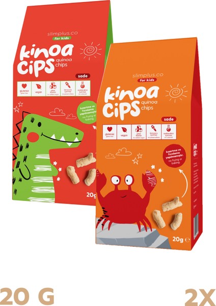 2 Paket 20 Gr. Sade Kinoa Cips For Kids Sevimli Dinozor ve Neşeli Yengeç