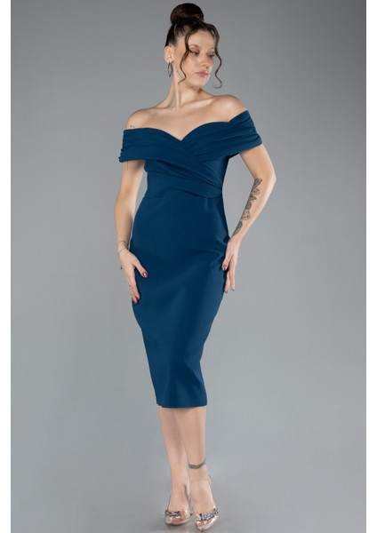 Kayık Yaka Midi Davet Elbisesi ABK1902