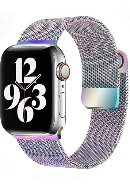 Apple Watch Mıknatıslı Hasır Metal Kordon ( Seri 10 - 42 mm Uyumlu) Gökkuşağı