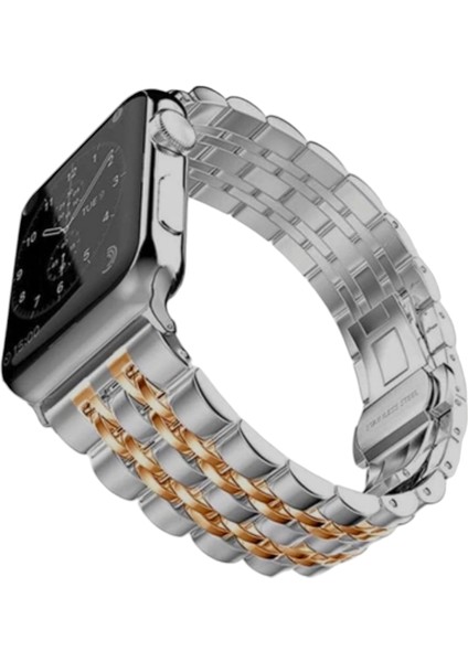 Apple Watch Royal Rolex Stil Paslanmaz Çelik Kordon ( Seri 10 - 46 mm Uyumlu) Gümüş Rose Gold