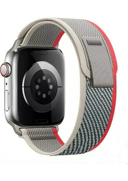 Apple Watch Trail Loop Cırtlı Bant Kordon ( Seri 10 - 42 mm Uyumlu) Gri Kırmızı