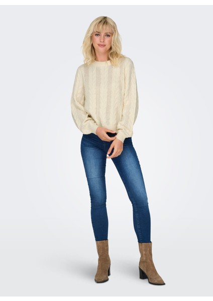 O Yaka Normal Baklava Desenli Krem Kazak Kadın Onlrubına Ls Cable O-Neck Knt Noos