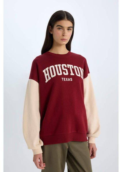 Oversize Geniş Kalıp Bisiklet Yaka Baskılı Kalın Sweatshirt E3228AX24WN