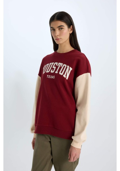 Oversize Geniş Kalıp Bisiklet Yaka Baskılı Kalın Sweatshirt E3228AX24WN fırsatları