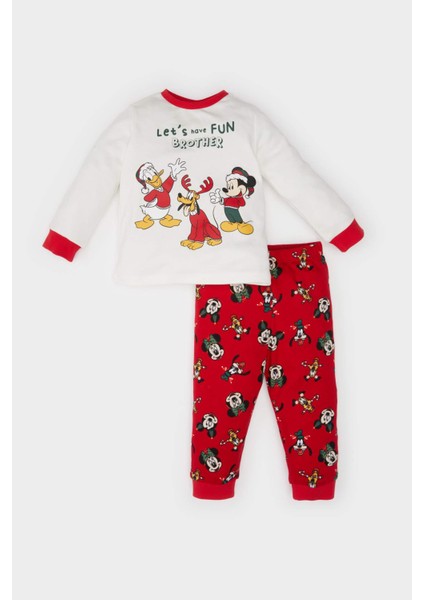 Erkek Bebek Disney Mickey & Minnie Yılbaşı Temalı Pijama Takımı Bisiklet Yaka Uzun Kollu Üst Beli Lastikli Uzun Alt D7141A524WN