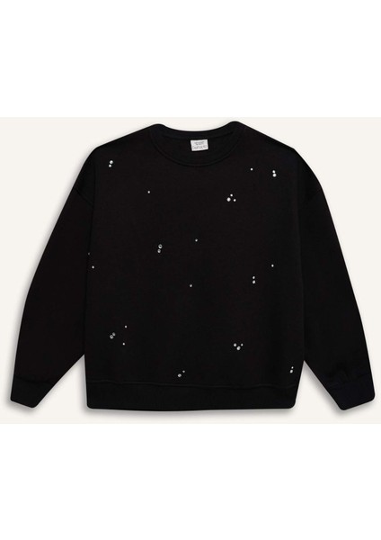 Kız Çocuk Yılbaşı Temalı Oversize Geniş Kalıp Bisiklet Yaka Taşlı İçi Yumuşak Tüylü Sweatshirt D5420A824WN modelleri