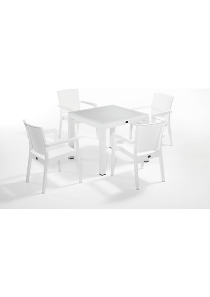 Beyaz Renkli Dış Mekan Bahçe Masa Sandalye Takımı 4 Kişilik 90 x 90