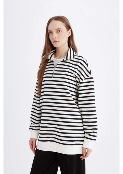 Relax Fit Dik Yaka Fermuarlı Çizgili İçi Yumuşak Tüylü Kalın Sweatshirt Tunik E0840AX24WN modelleri