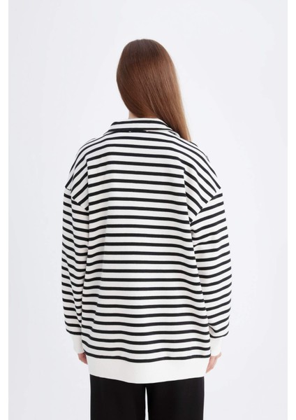 Relax Fit Dik Yaka Fermuarlı Çizgili İçi Yumuşak Tüylü Kalın Sweatshirt Tunik E0840AX24WN indirimleri
