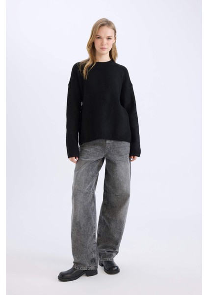 Oversize Geniş Kalıp Bisiklet Yaka Basic Düz Triko Kazak D9518AX24WN