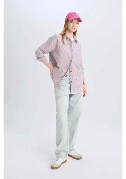 Coool Oversize Geniş Kalıp Çizgili Oxford Uzun Kollu Gömlek E1807AX24WN