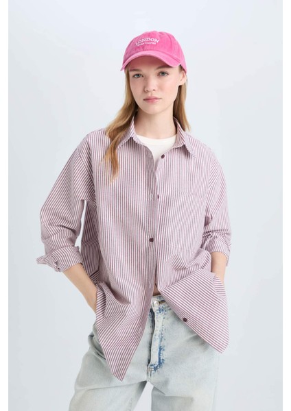 Coool Oversize Geniş Kalıp Çizgili Oxford Uzun Kollu Gömlek E1807AX24WN