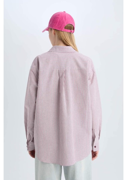 Coool Oversize Geniş Kalıp Çizgili Oxford Uzun Kollu Gömlek E1807AX24WN