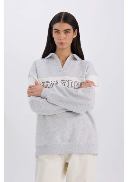 Relax Fit Polo Yaka Baskılı Kalın Sweatshirt E3229AX24WN