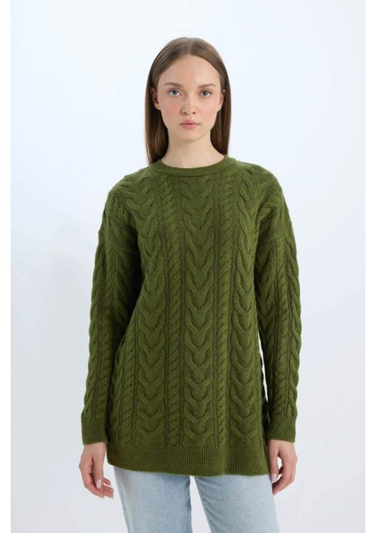 Regular Fit Bisiklet Yaka Saç Örgü Desenli Triko Kazak Tunik B4284AX24WN