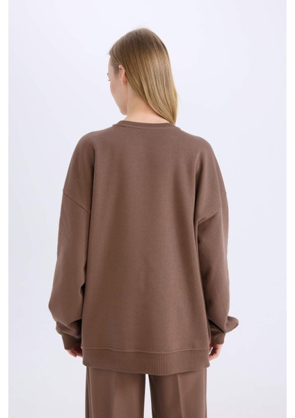 Okula Dönüş Oversize Geniş Kalıp Bisiklet Yaka Kalın Basic Düz Sweatshirt Y1346AZ24WN