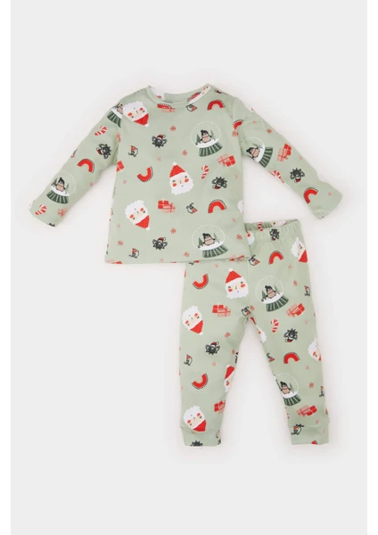 Kız Bebek Yılbaşı Temalı Pijama Takımı Biisiklet Yaka Uzun Kollu Üst Beli Lastikli Alt D7160A524WN