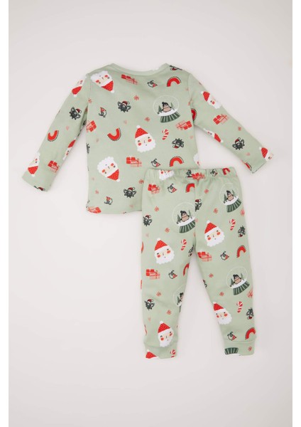 Kız Bebek Yılbaşı Temalı Pijama Takımı Biisiklet Yaka Uzun Kollu Üst Beli Lastikli Alt D7160A524WN