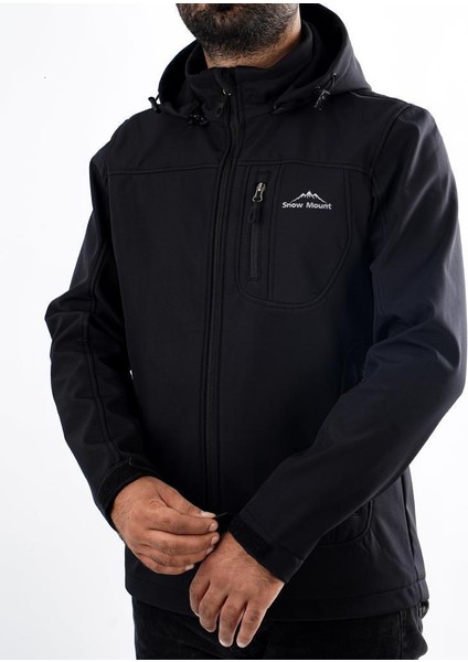 Siyah Renk Trail Softshell Rüzgar Su Geçirmez Kapüşonlu Ceket Mont