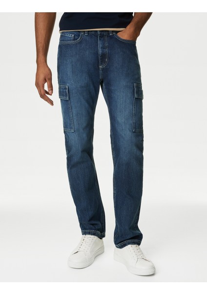 Saf Pamuklu Straight Fit Kargo Jean Pantolon