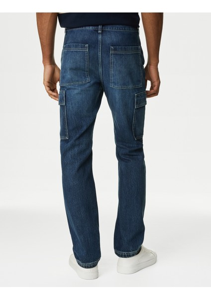 Saf Pamuklu Straight Fit Kargo Jean Pantolon