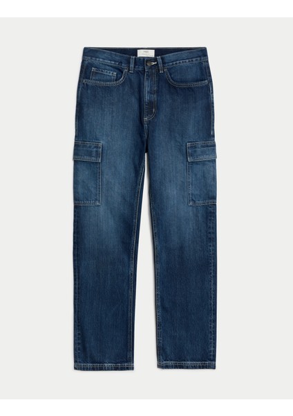 Saf Pamuklu Straight Fit Kargo Jean Pantolon