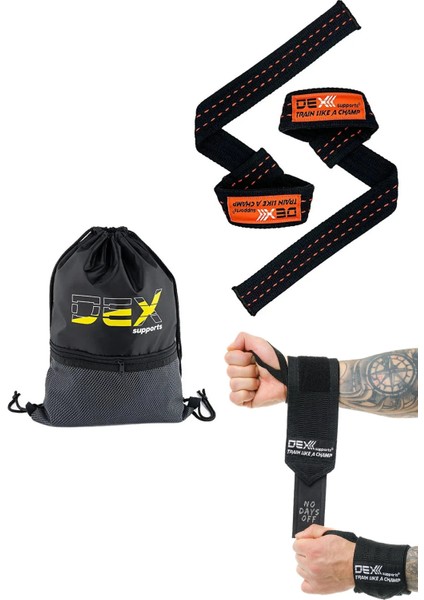 Fitness Sporcu Bilekliği Wrist Wraps Legend + Ağırlık Kaldırma Kayışı Lifting Straps Turuncu + Sackpack 3'lü Paket