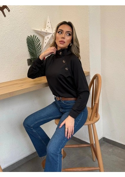 Kadın Uzun Kollu Balıkçı Yaka Düğme Detay Şardonlu Dalgıç Bluz