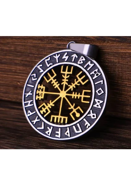 Paslanmaz Çelik Altın Renk Detaylı Vegvisir Savaşçı Pusula Viking Kolye - 70 cm Zincirli