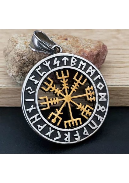 Paslanmaz Çelik Altın Renk Detaylı Vegvisir Savaşçı Pusula Viking Kolye - 70 cm Zincirli