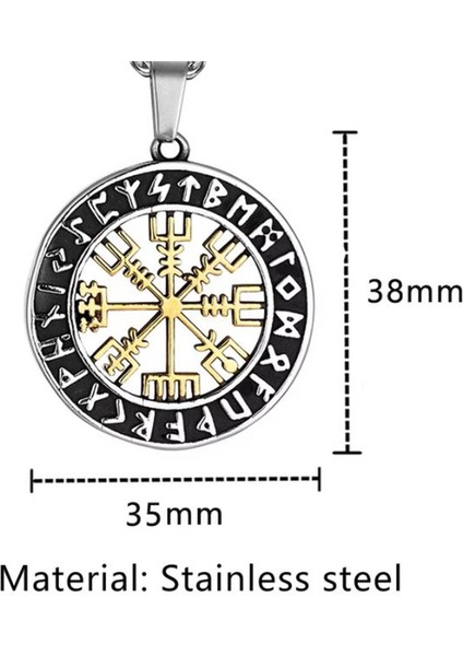 Paslanmaz Çelik Altın Renk Detaylı Vegvisir Savaşçı Pusula Viking Kolye - 70 cm Zincirli