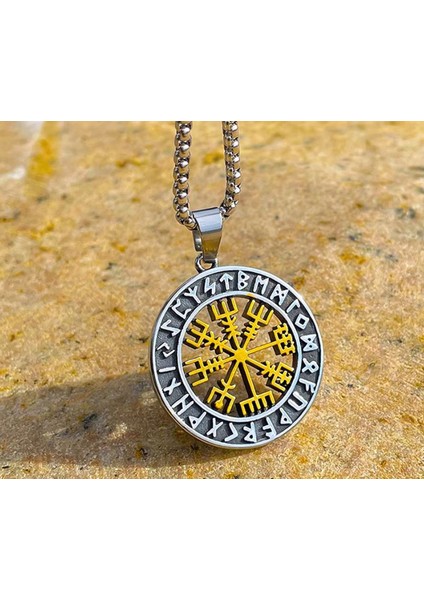 Paslanmaz Çelik Altın Renk Detaylı Vegvisir Savaşçı Pusula Viking Kolye - 70 cm Zincirli