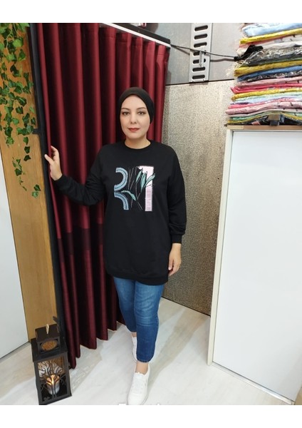 Bisiklet Yaka Uzun Sweatshirt Yaprak Siyah