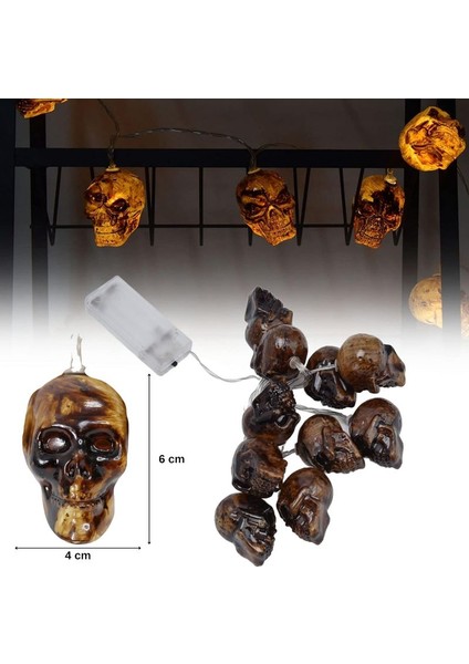 Halloween 2 mt 10 Ampul Plastik Kahverengi Kafatası Şekilli Pilli LED Işık Gün Işığı Renk