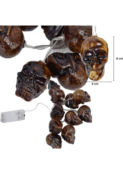 Halloween 2 mt 10 Ampul Plastik Kahverengi Kafatası Şekilli Pilli LED Işık Gün Işığı Renk