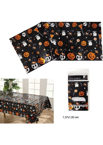 Ürkünçler Halloween Figürlü Turuncu Siyah Renk Plastik Masa Örtüsü 1 Adet 137 x 183 cm